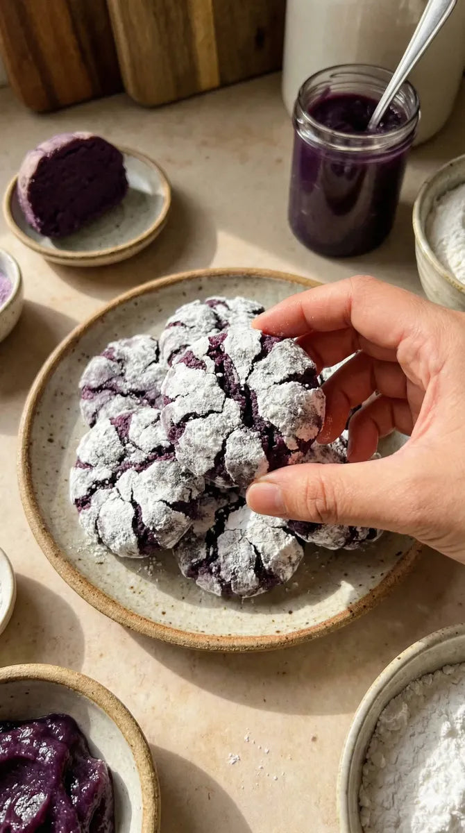Ube crinkle cookies gemaakt met ube poeder