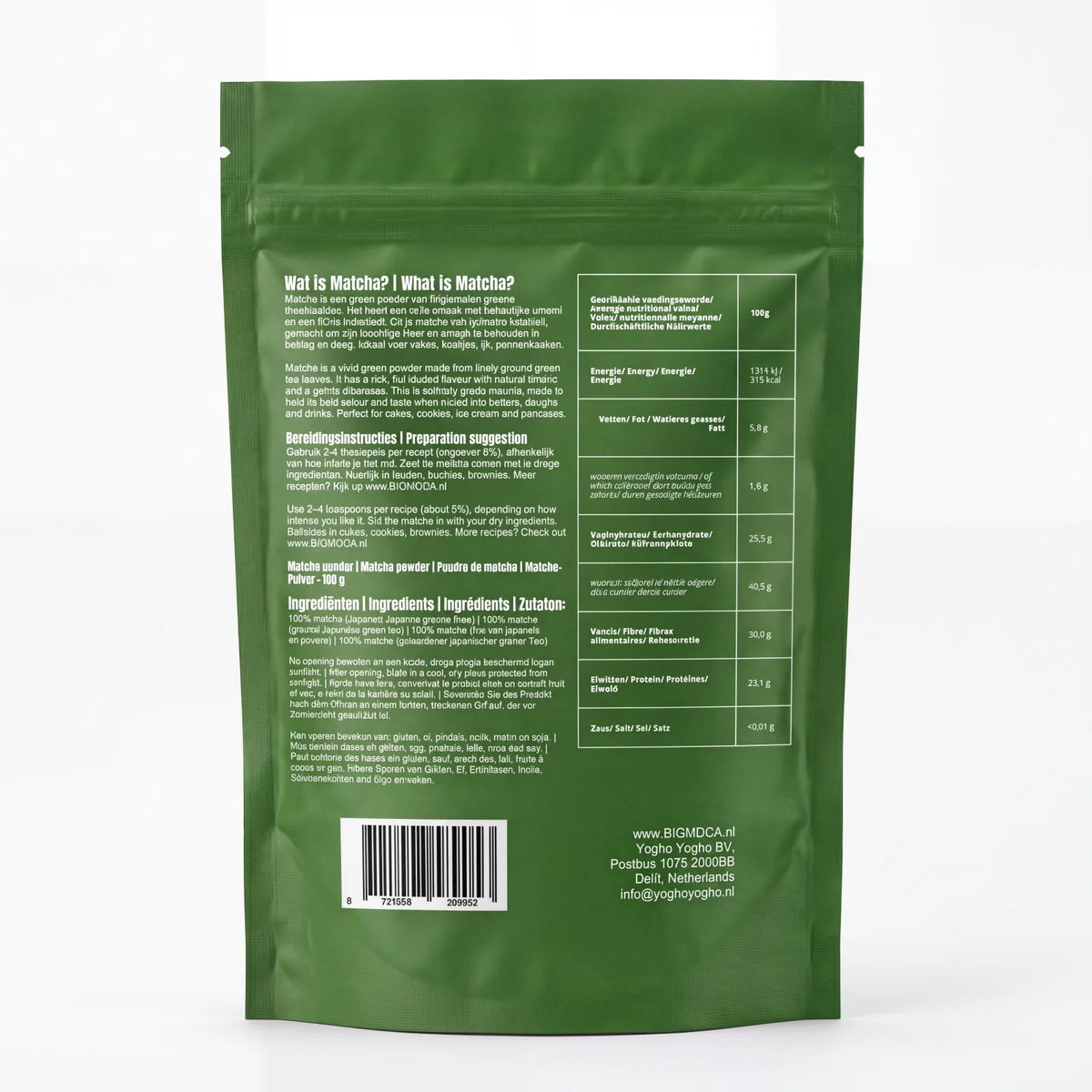 Big Moca Culinary Matcha Powder 100g pouch - back with ingredients and nutrition